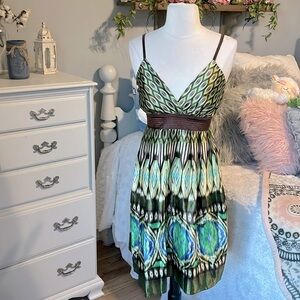 Boho Dress Spaghetti Strap Earthy Brown Green Silky Fit and Flare